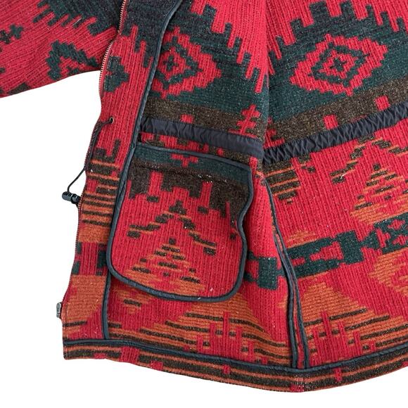 VTG Woolrich Womens Aztec Wool Hooded Jacket Size L Red Tribal Native USA 90s - Picture 12 of 16